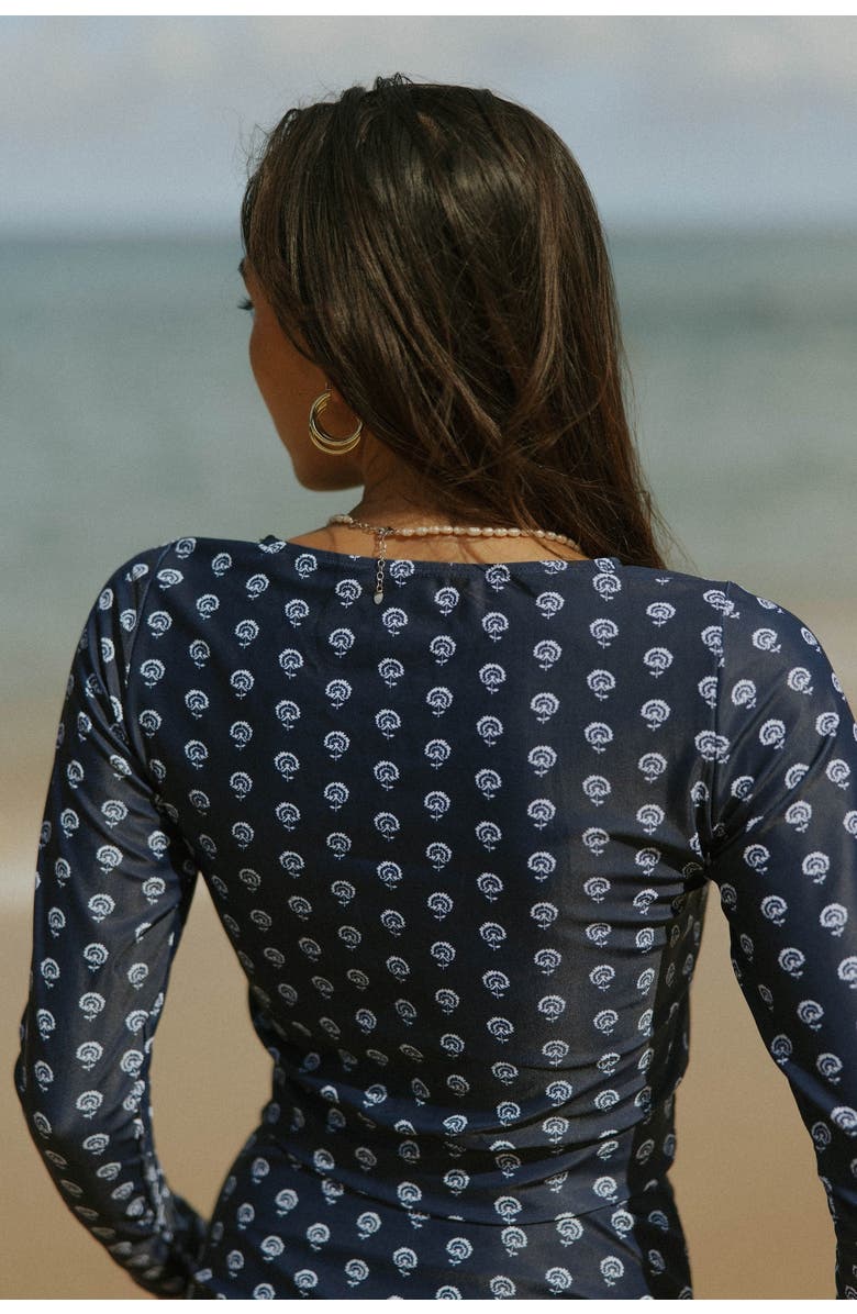 Geode Swimwear Topanga Long Sleeve Rashguard Swim Top, Alternate, color, Blue White Floral Print