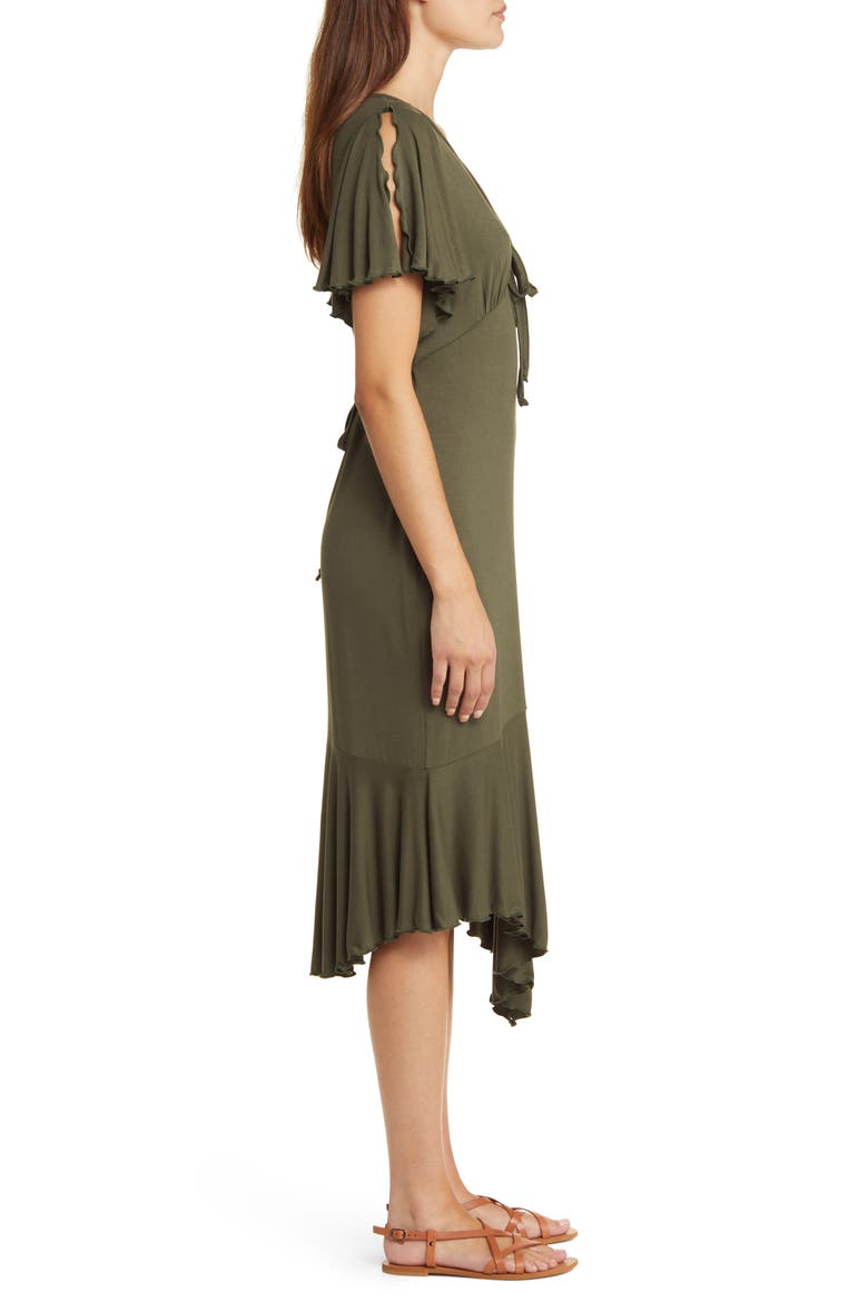 Flouncy Tie Front Asymmetric Hem Sheath Dress, Alternate, color, OLIVE