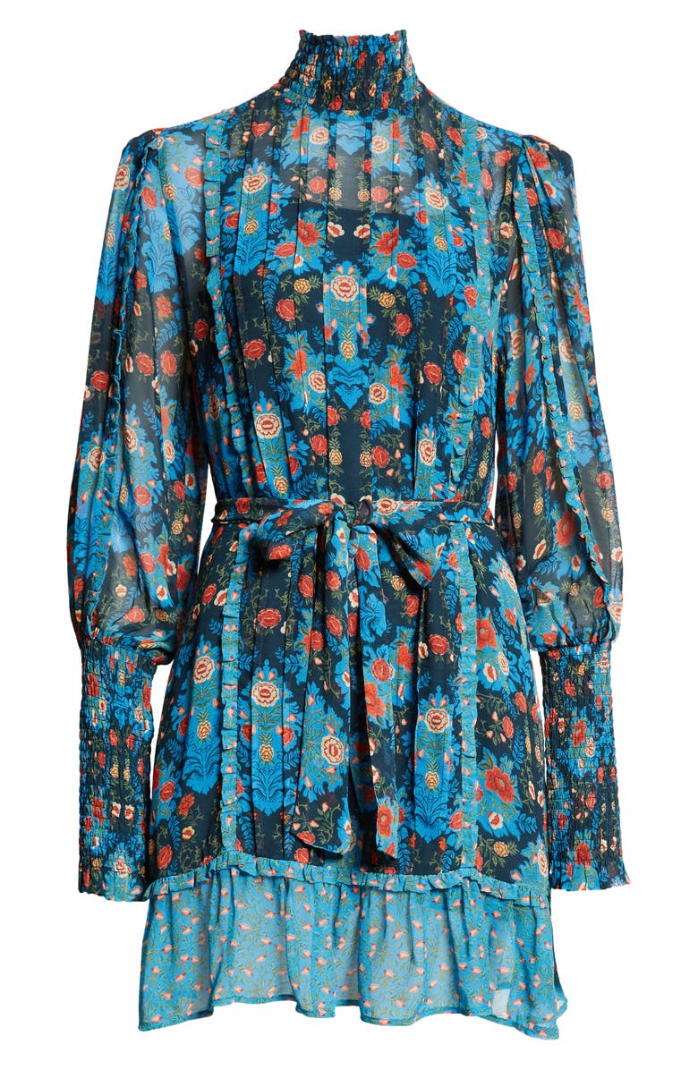 FARM Rio Blue Arabesque Floral Belted Turtleneck Minidress, Alternate, color, 