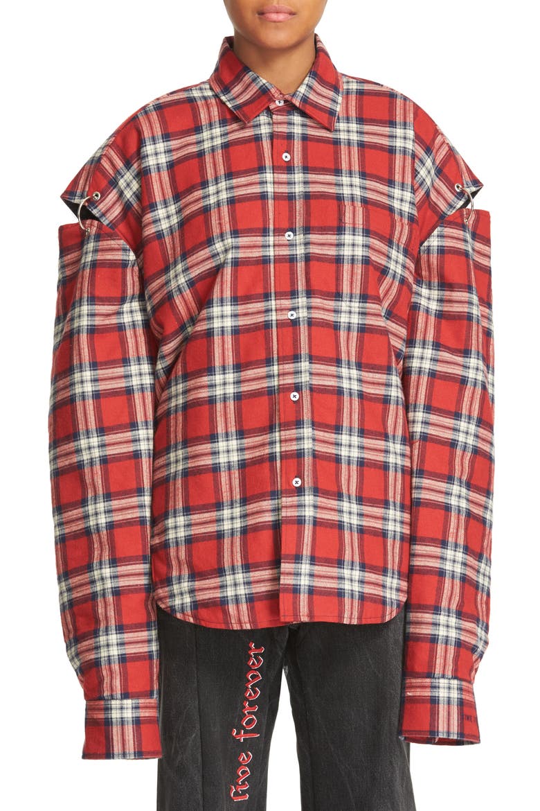 Pierced Plaid Flannel Shirt, Main, color, RED CHECK