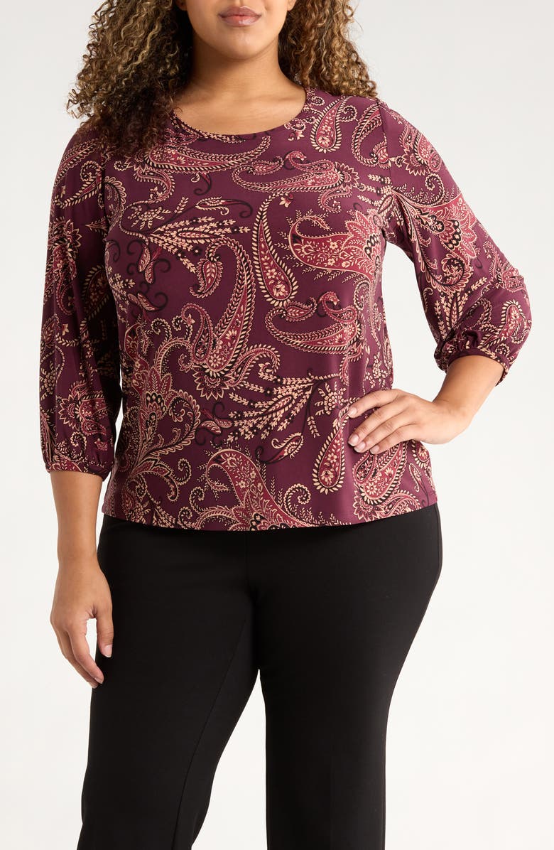 Jones New York Paisley Print Three Quarter Sleeve Top, Main, color, Wine Plum Multi