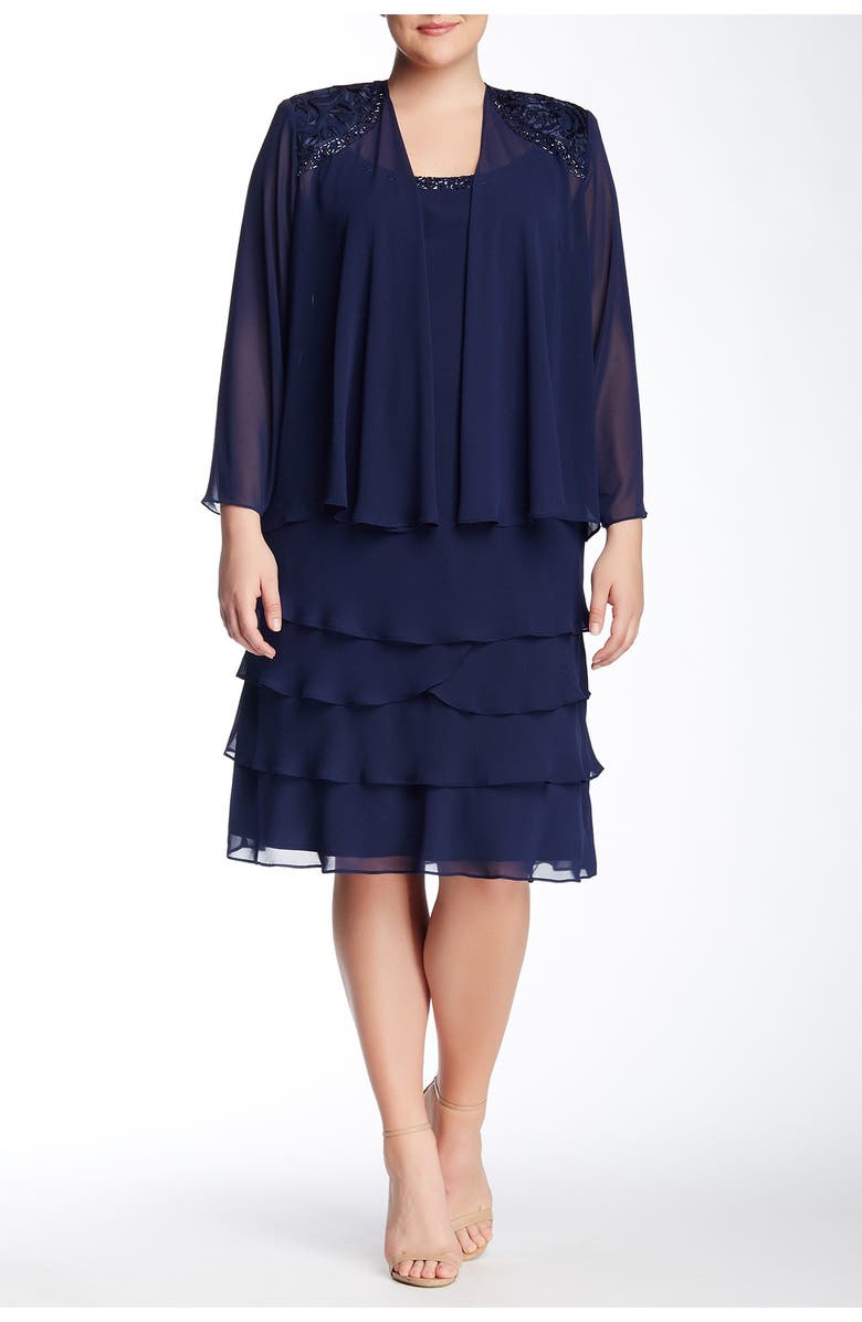 SLNY Embellished Tiered Dress with Jacket, Main, color, Navy