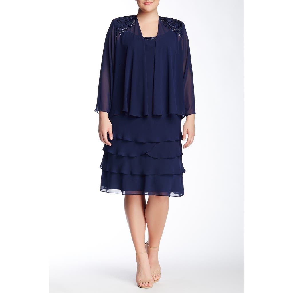 SLNY Embellished Tiered Dress with Jacket in Navy  product