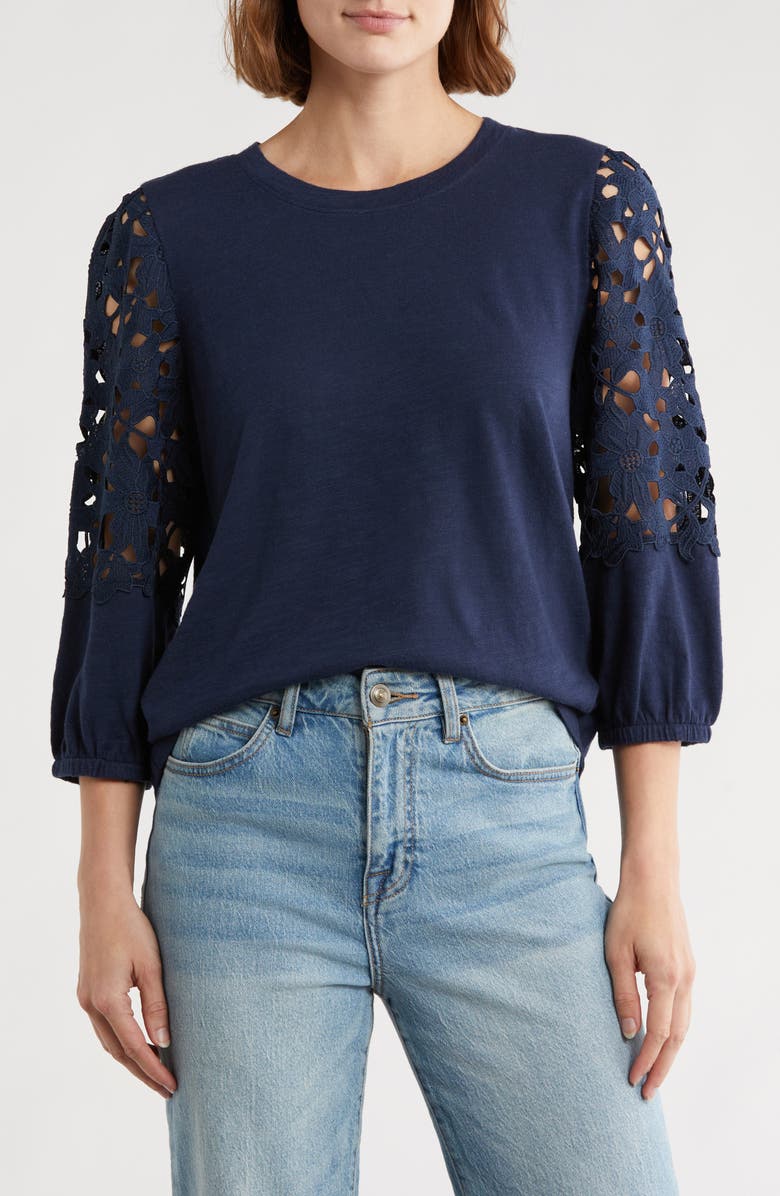 Caslon<sup>®</sup> Lace Mixed Media Top, Main, color, Navy Still