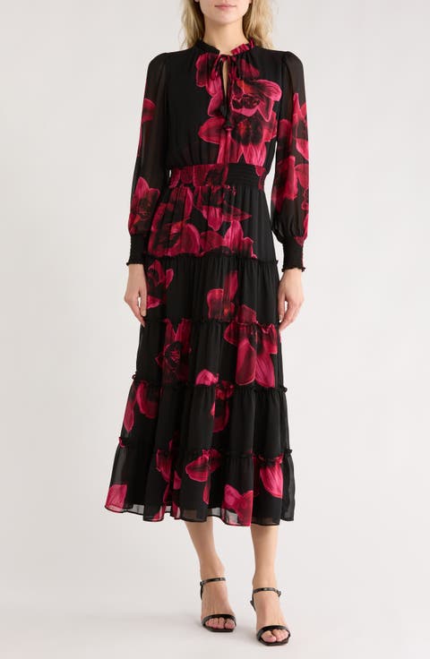 Tie Neck Long Sleeve Maxi Dress