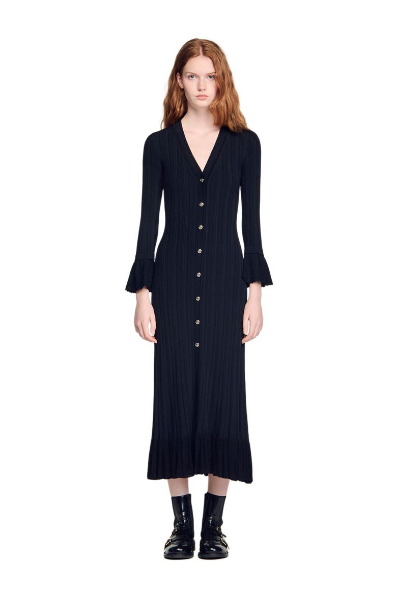 Knit maxi dress with ruffle, Main, color, Black