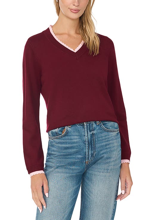 Scalloped Trim V-Neck Sweater