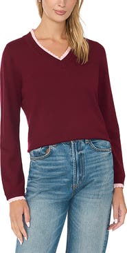 CeCe Scalloped Trim V-Neck Sweater