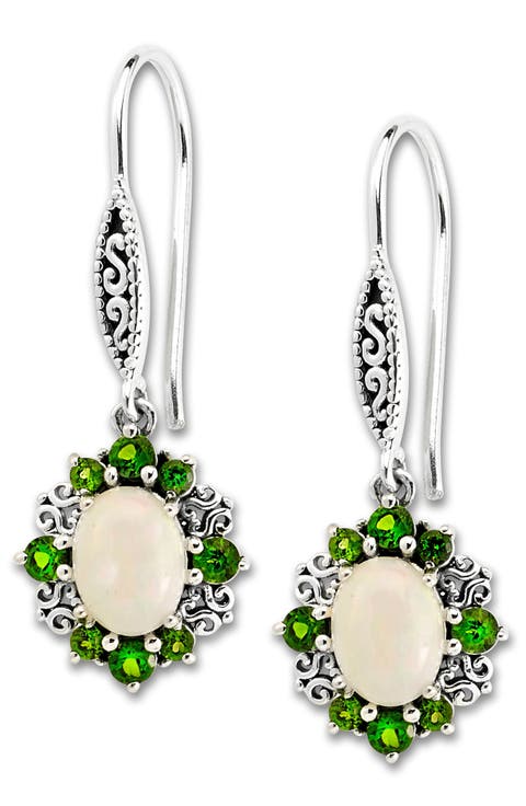 Sterling Silver Oval Opal & Semiprecious Stone Halo Drop Earrings