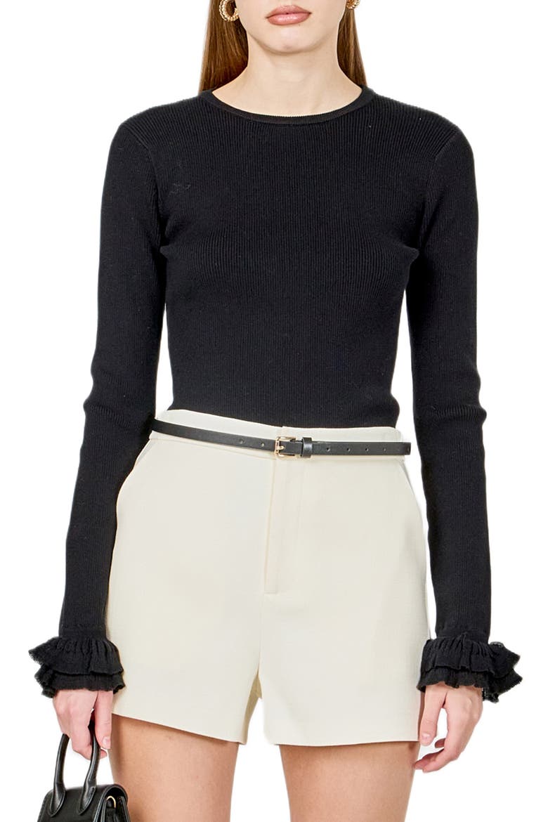 Ruffle Cuff Knit Top, Main, color, BLACK