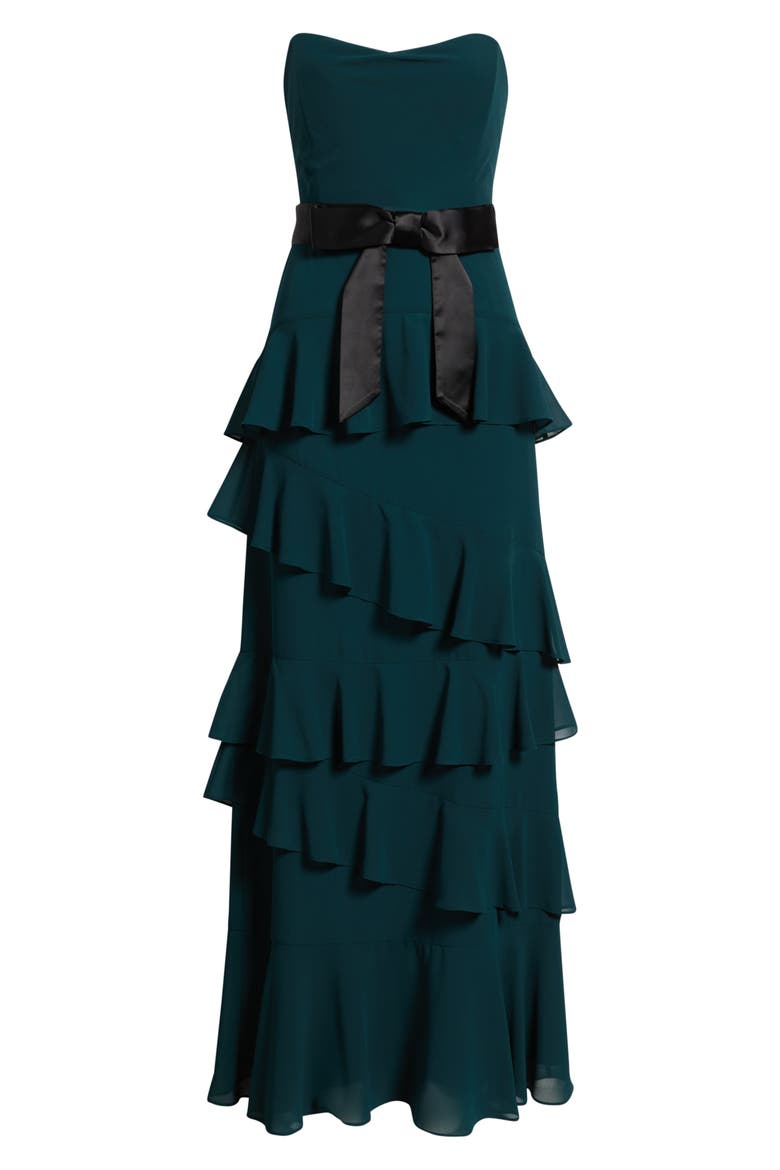 Amalia Strapless Ruffle Tiered Gown, Alternate, color, EMERALD