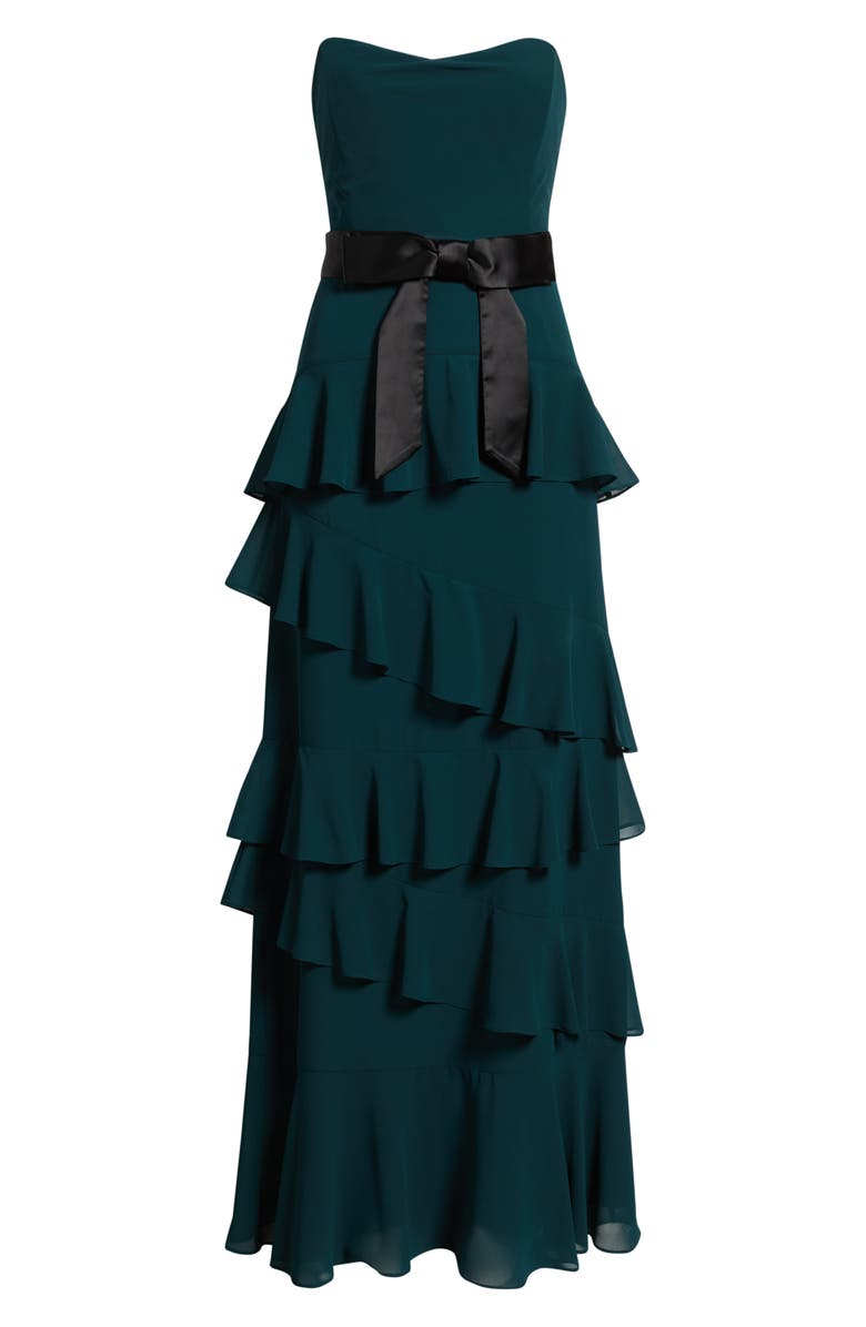 Lulus Amalia Strapless Ruffle Tiered Gown, Alternate, color, Emerald