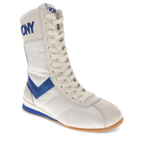 Pony Womens Ko-80 High Archive Genuine Leather And Mesh Premium Lace Up Athletic Sneaker Shoe In White/royal