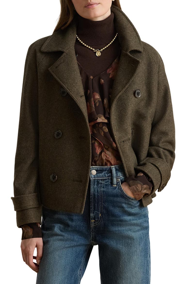 Double Breasted Wool Blend Crop Coat, Main, color, LODEN/ BROWN HERRINGBONE