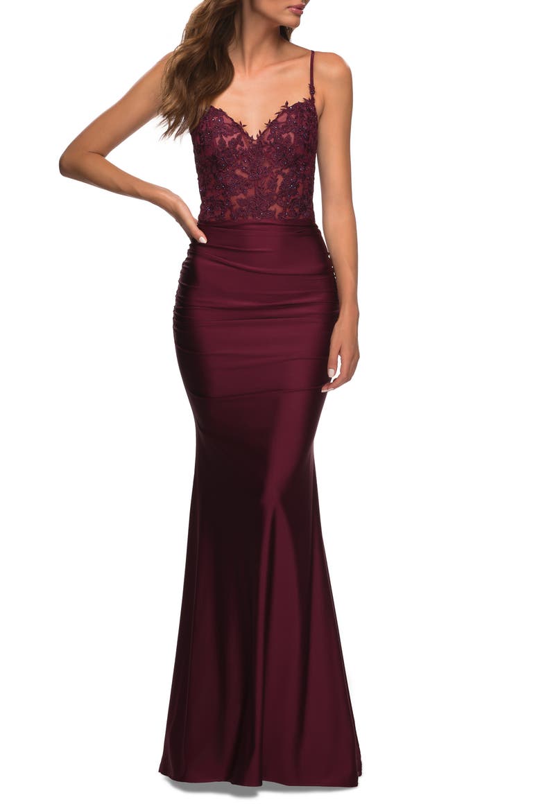 Jewel Tone Jersey Gown with Sheer Lace Bodice, Main, color, Dark Berry