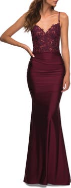 La Femme Jewel Tone Jersey Gown with Sheer Lace Bodice