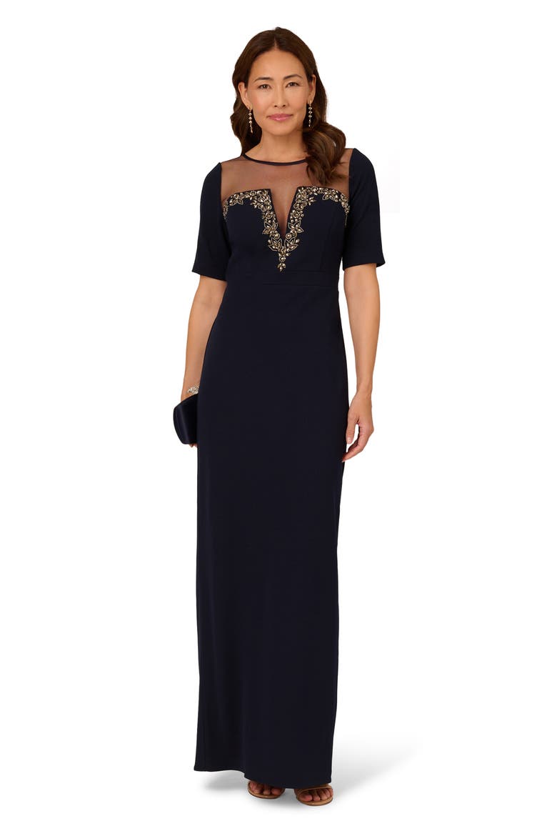 Illusion Neck Stretch Crepe Column Gown, Alternate, color, MIDNIGHT