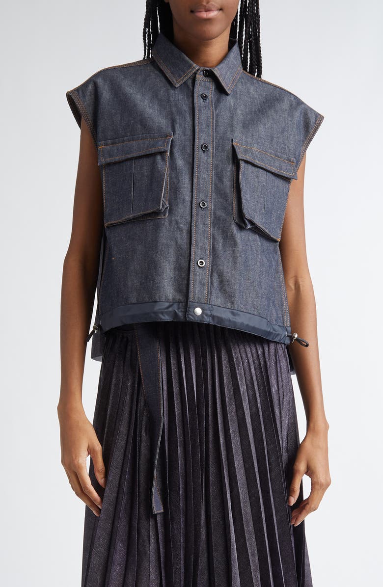 Sacai Pleated Back Mixed Media Denim Shirt, Main, color, 