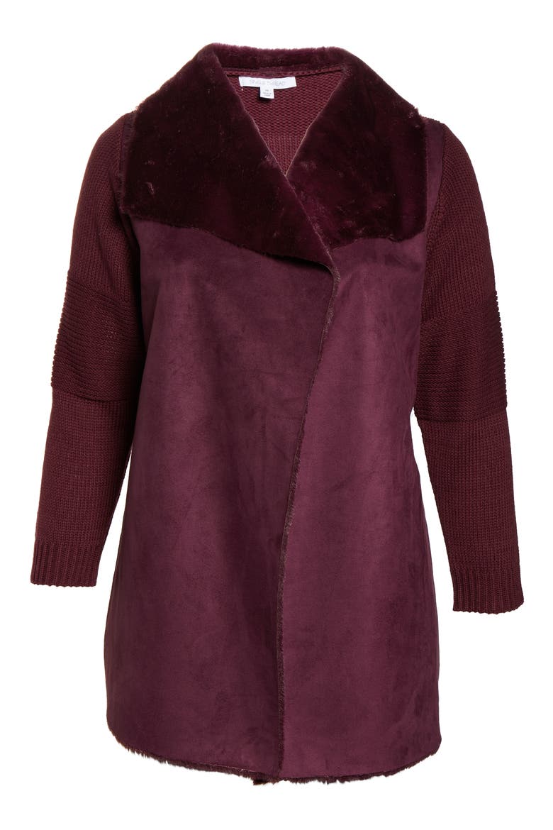 Sweater Jacket with Faux Fur Trim, Alternate, color, WINDSOR WINE