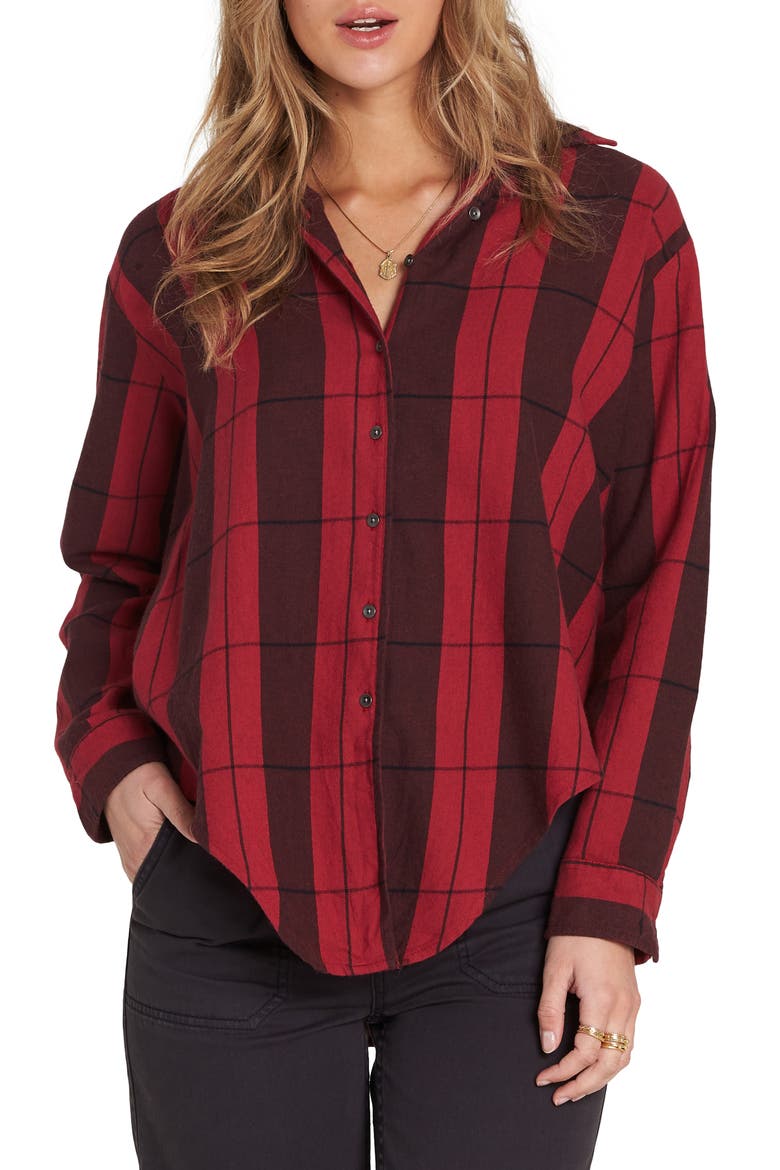 Cozy Down Plaid Tie Waist Top, Main, color, GARNET