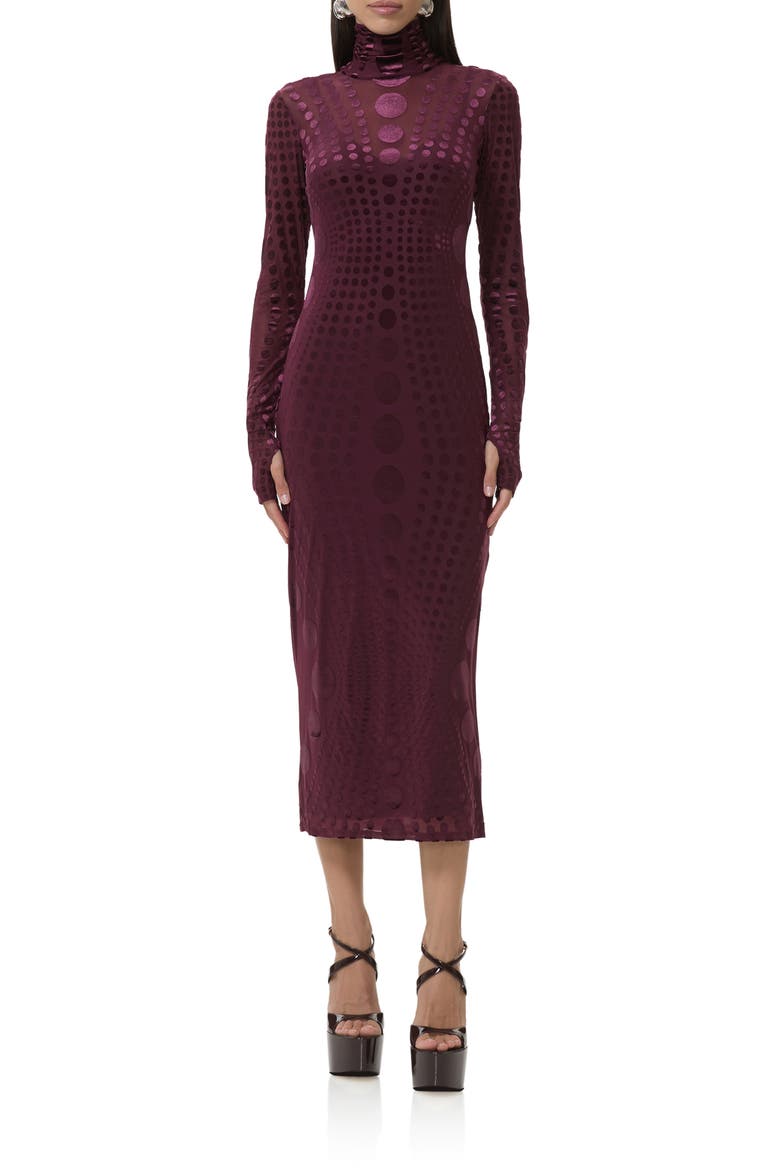 Shailene Long Sleeve Burnout Velvet Dress, Main, color, CABERNET TONAL DOT