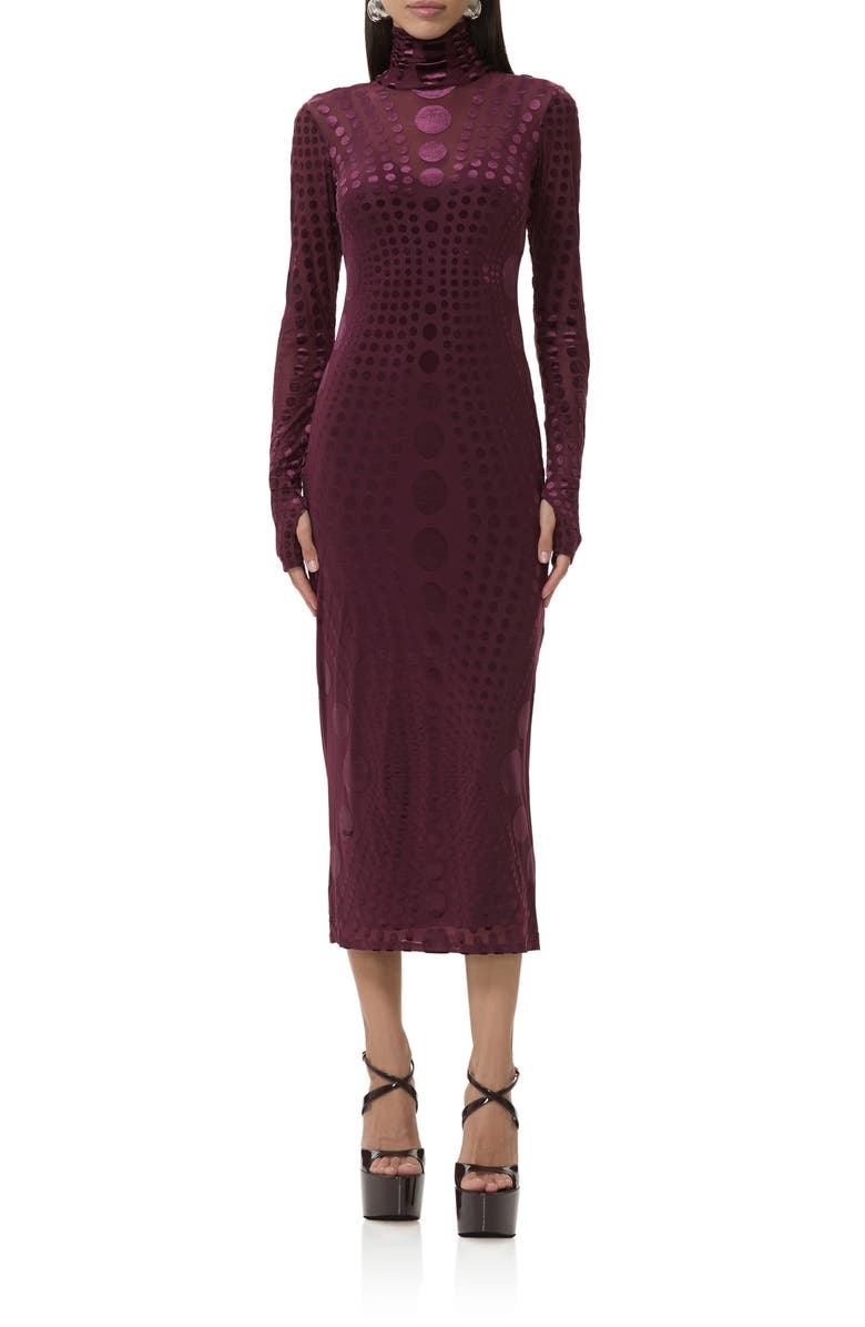 AFRM Shailene Long Sleeve Burnout Velvet Dress, Main, color, Cabernet Tonal Dot