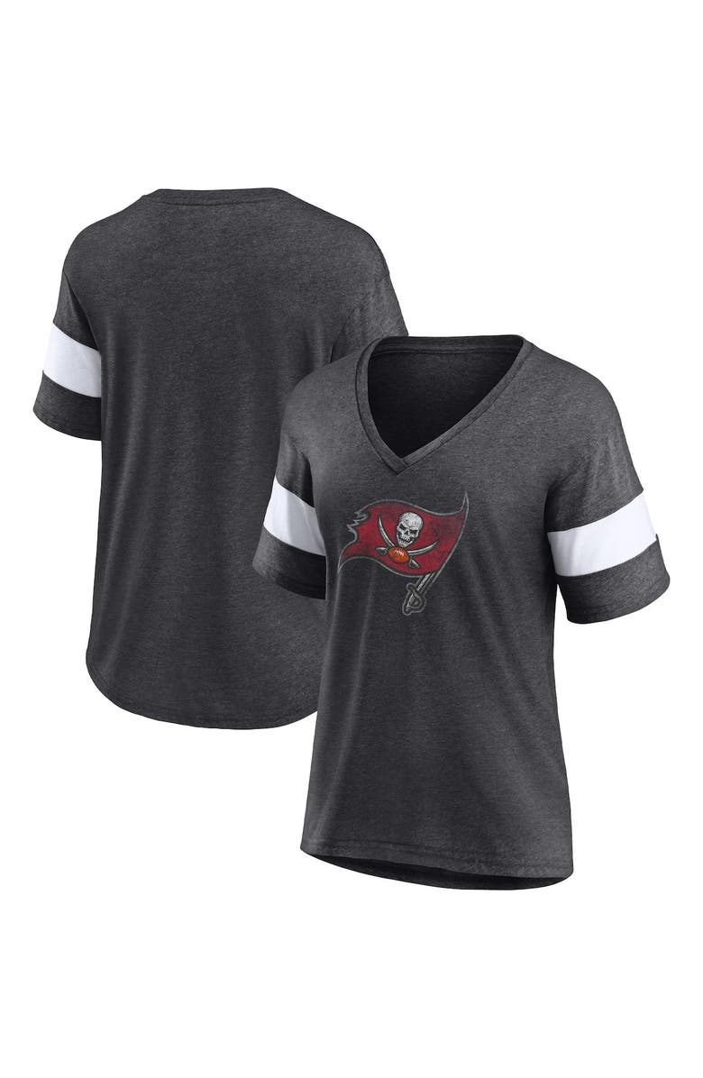 FANATICS Women's Fanatics Branded Heathered Charcoal/White Tampa Bay Buccaneers Distressed Team Tri-Blend V-Neck T-Shirt, Main, color, 