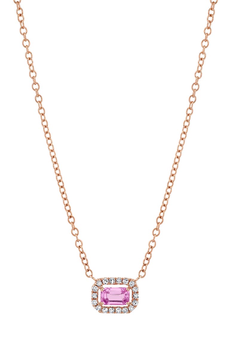 Pink Sapphire & Diamond Halo Pendant Necklace, Main, color, ROSE GOLD