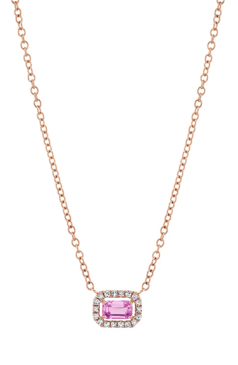 SHAY Pink Sapphire & Diamond Halo Pendant Necklace, Main, color, Rose Gold