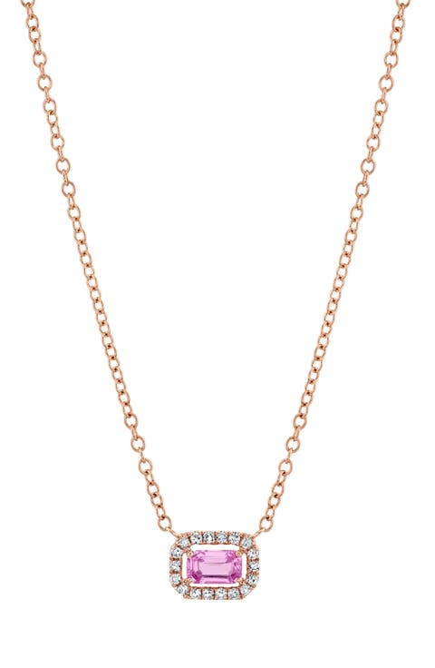 Pink Sapphire & Diamond Halo Pendant Necklace