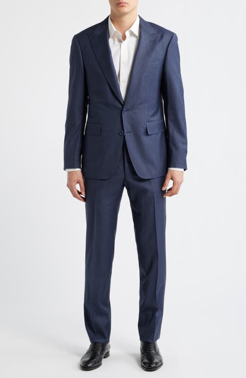 Capri Trim Fit Navy Wool & Cashmere Peak Lapel Suit (Regular, Short & Long)
