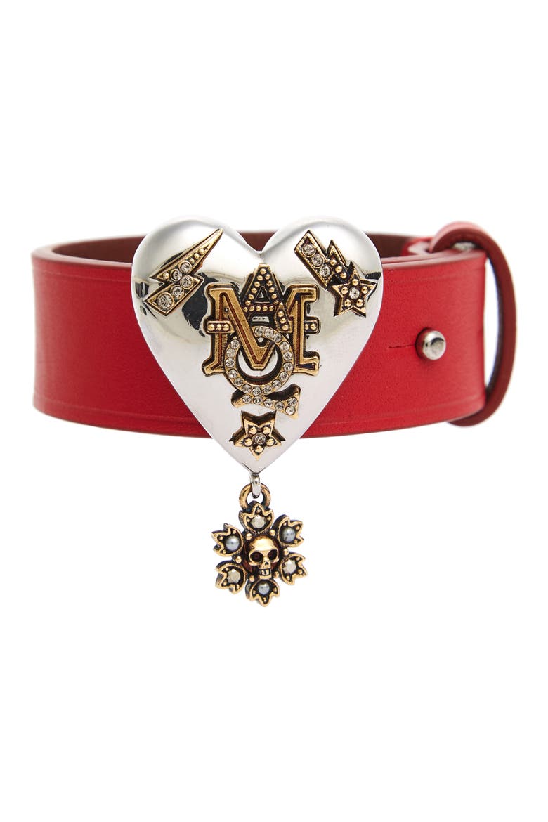 Alexander McQueen Metallic Heart Leather Bracelet, Main, color, RASPBERRY