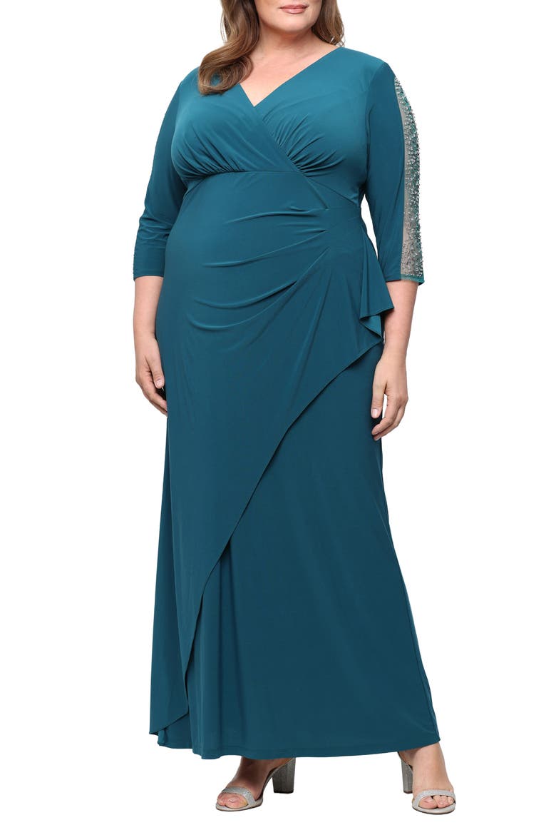 Beaded Sleeve Empire Waist Gown, Main, color, MALLARD