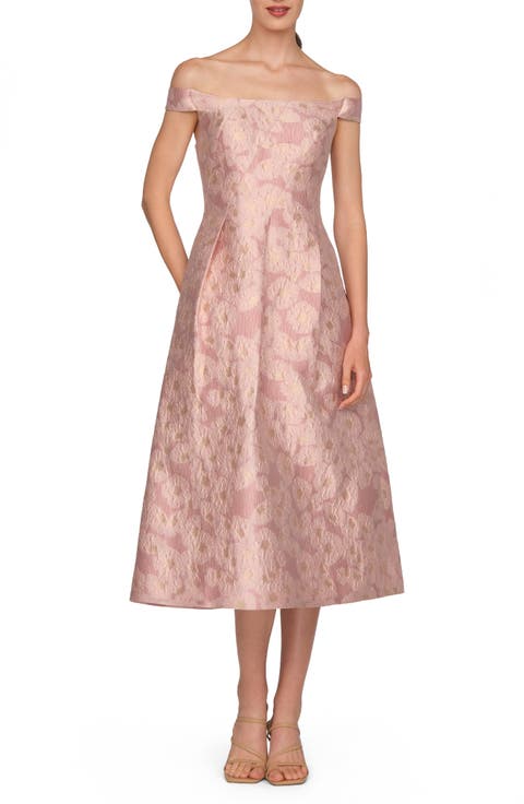 Alina Metallic Floral Jacquard Off the Shoulder Midi Cocktail Dress