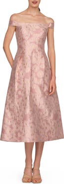 Kay Unger Alina Metallic Floral Jacquard Off the Shoulder Midi Cocktail Dress