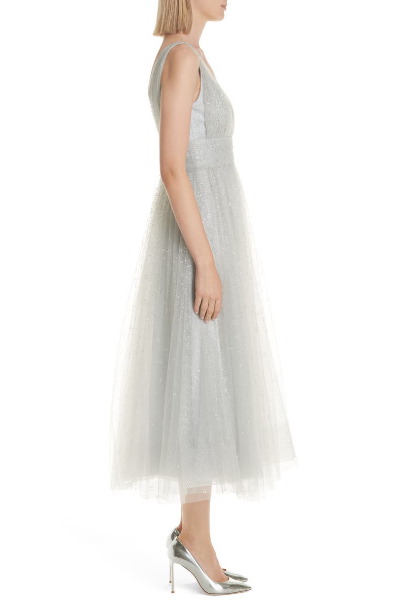 Marchesa Notte Glitter Tulle Tea Length Dress, Alternate, color,