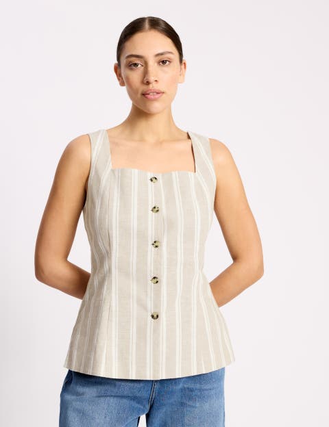 Square Neck Stripe Button Top