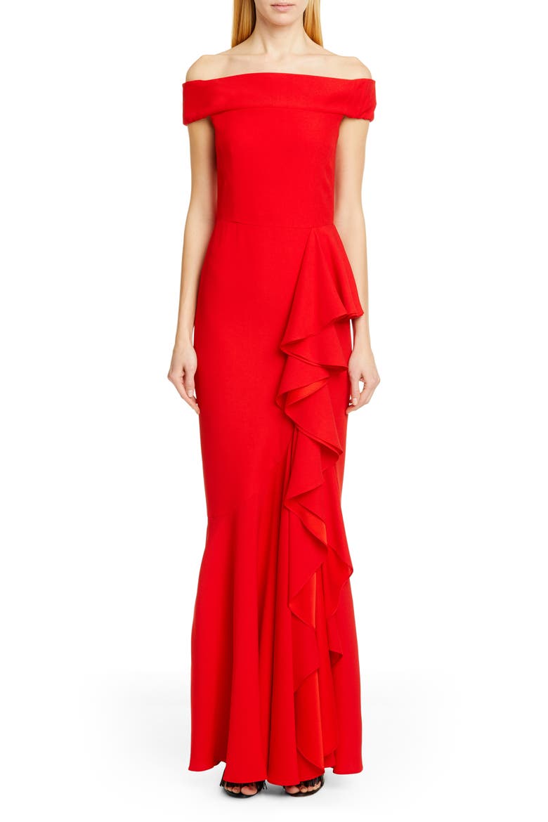 Alexander McQueen Ruffle Off the Shoulder Evening Dress, Main, color, LUST RED