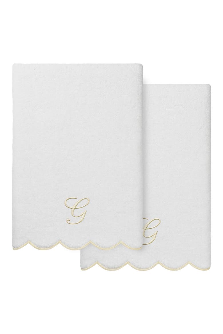 Adornia Scallop Set of 2 Monogram Bath Towels, Main, color, WHITE/ BEIGE G
