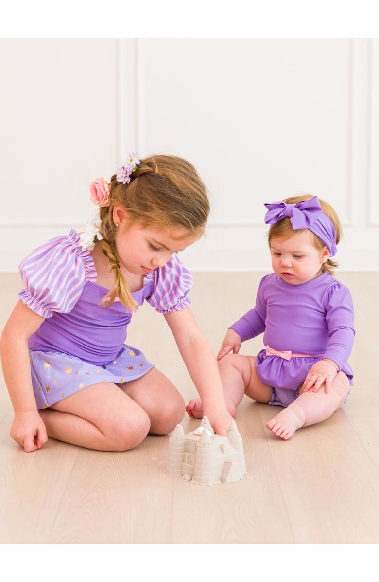 RuffleButts Baby Girls UPF50+ Princess Long Sleeve Bow Skirted One Piece Swimsuit, Alternate, color, Amethyst Princess