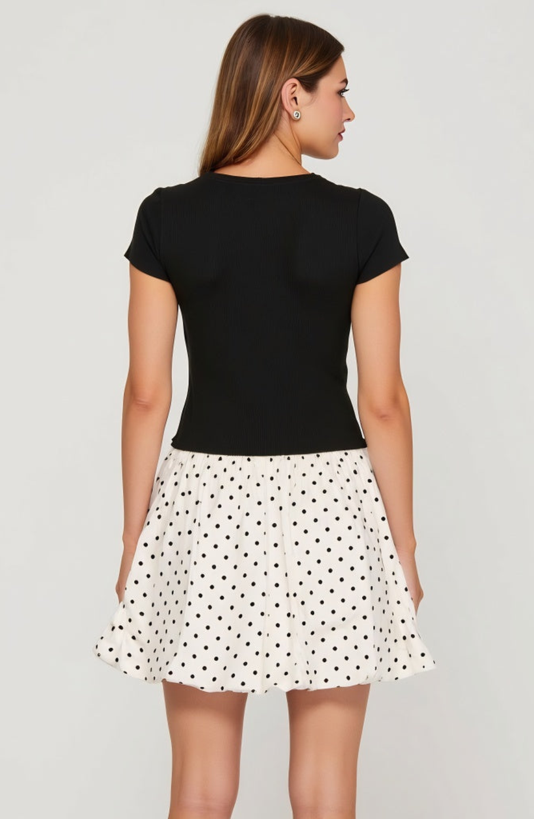 Modenaire Fitted Knit Bodice Short Sleeve Dress with Polka Dot Bubble Skirt, Alternate, color, Black / White