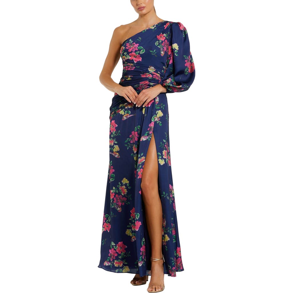 Mac Duggal Floral One-sleeve Charmeuse Gown With Slit In Blue