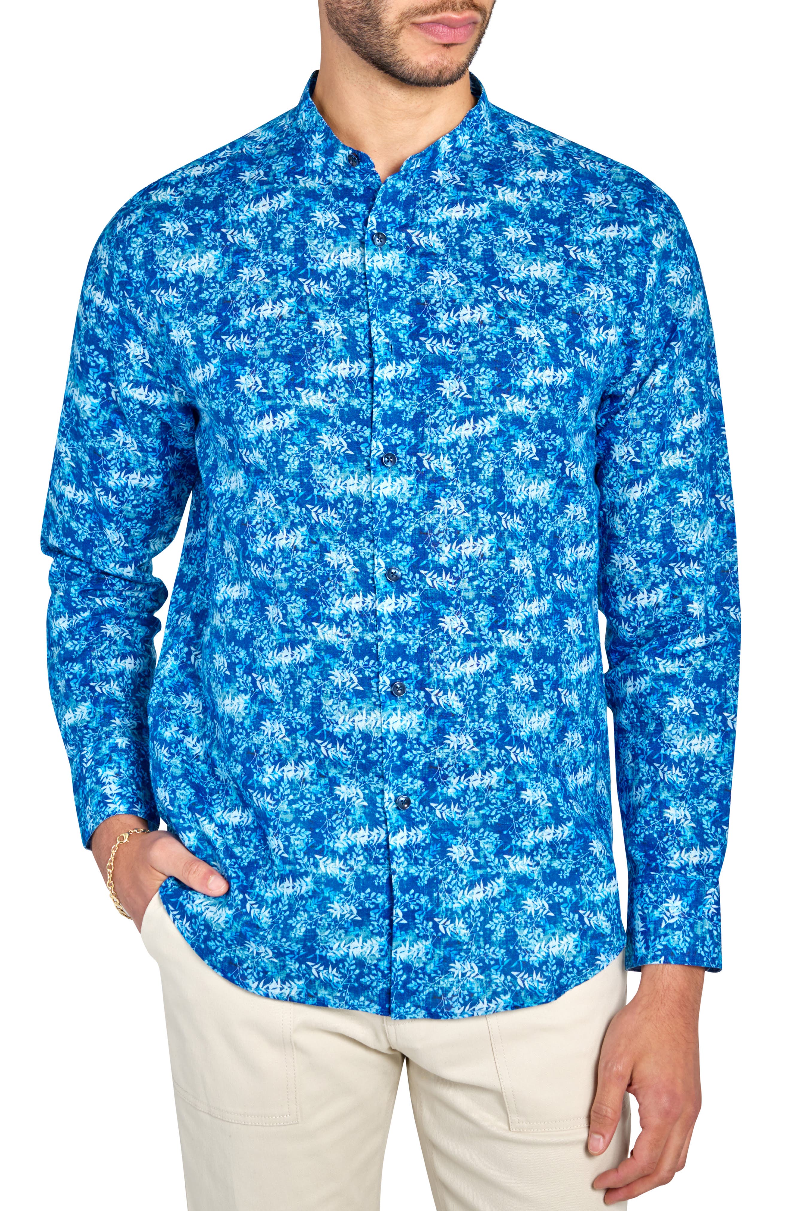 Brooklyn Brigade Abstract Leaf Print Mandarin Collar Shirt