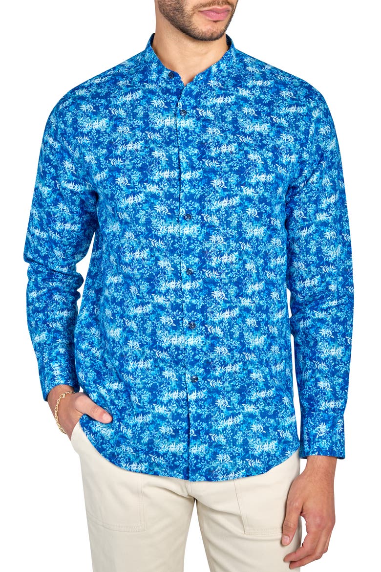 Abstract Leaf Print Mandarin Collar Shirt, Main, color, LIGHT BLUE/ NAVY
