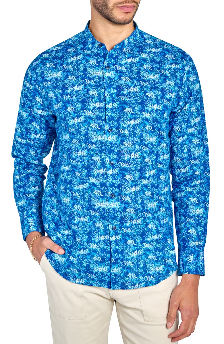 Brooklyn Brigade Abstract Leaf Print Mandarin Collar Shirt, Main, color, Light Blue/ Navy