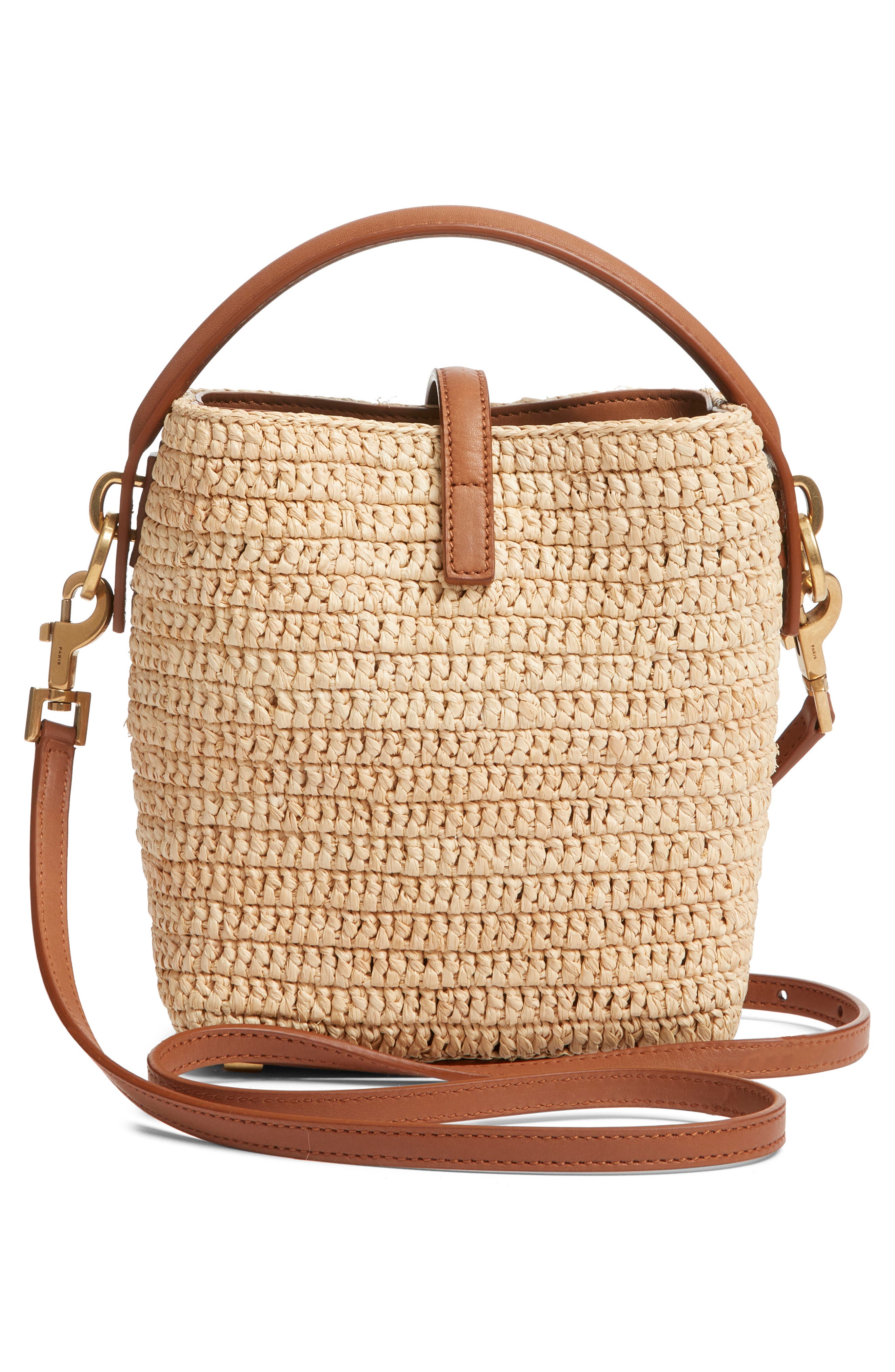 Saint Laurent Mini Le 37 Raffia Bucket Bag, Alternate, color, Naturel/ Brick