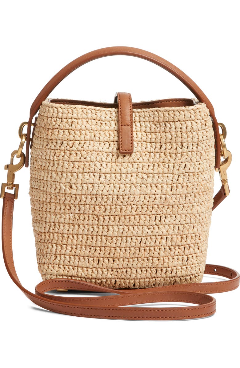 Saint Laurent Mini Le 37 Raffia Bucket Bag, Alternate, color, Naturel/ Brick