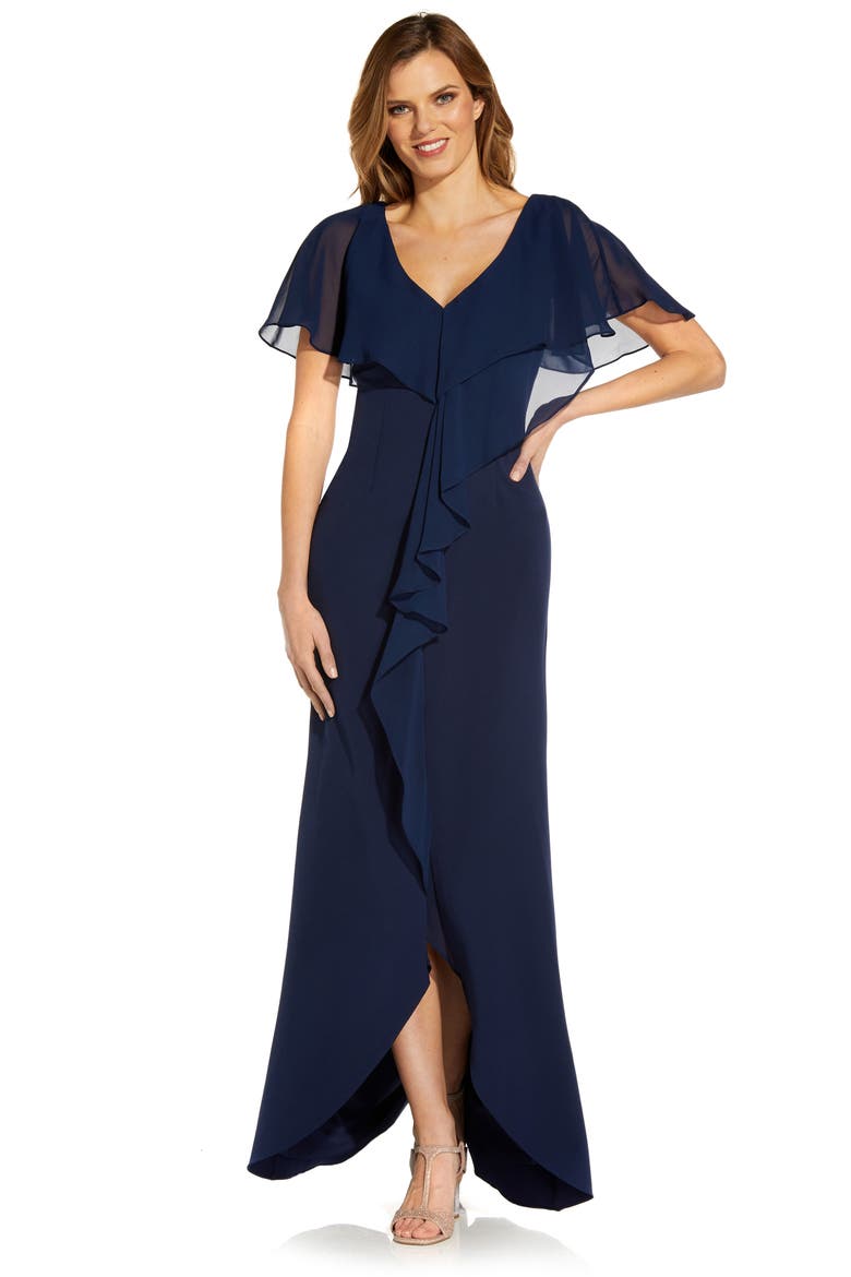 Chiffon Overlay Crepe Mermaid Gown, Alternate, color, NAVY