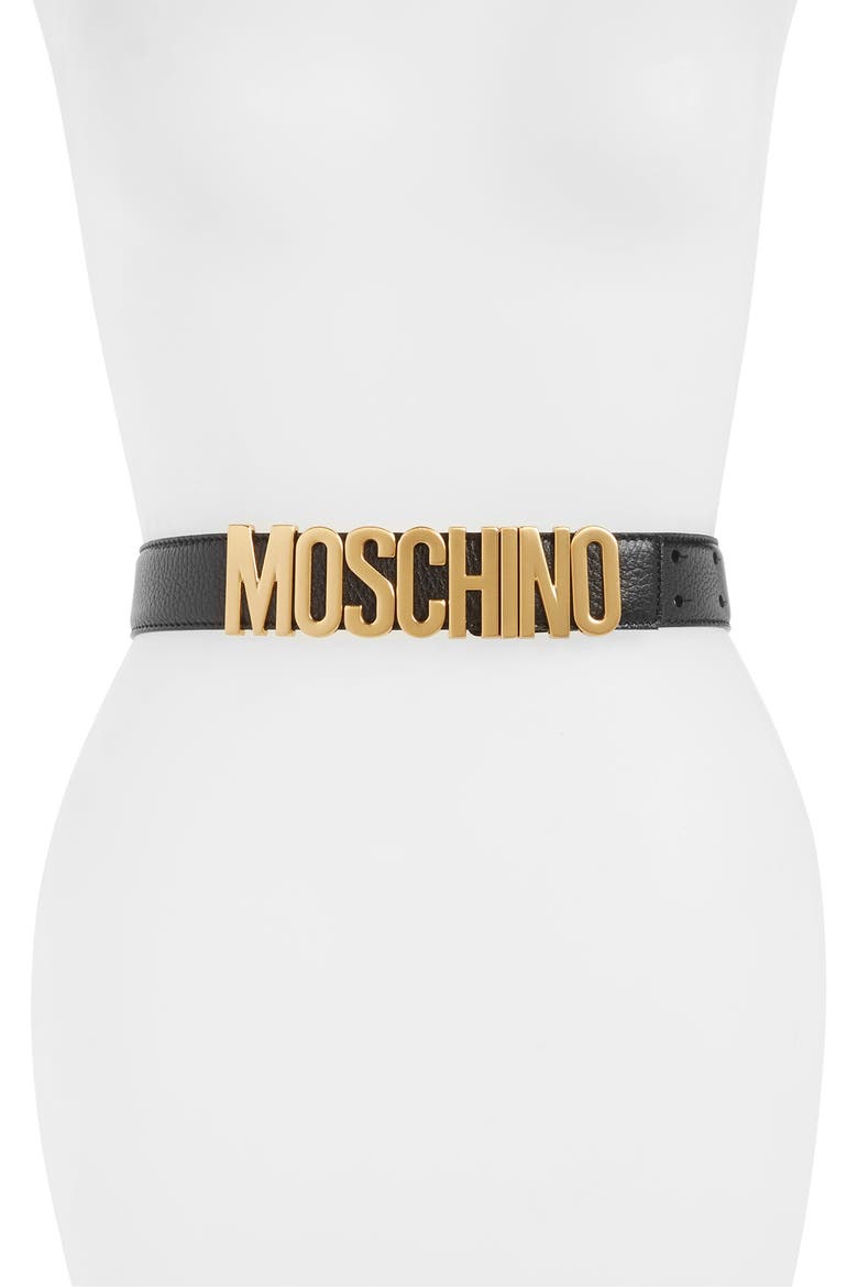 Logo Plate Leather Belt, Main, color, BLACK