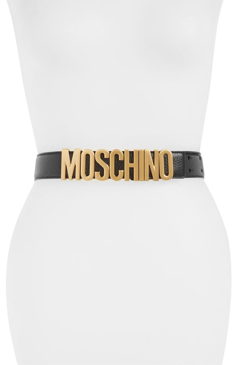Moschino Logo Plate Leather Belt, Main, color, 